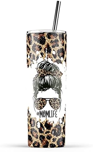Younique Designs Leopard Mom Coffee Tumbler com palha e tampa, 20 onças, copo de aço inoxidável isolado para mulheres, copo de chita de chita mama de chá, copo de copo de água para mamãe Life