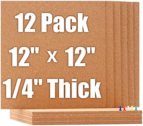 Sungift Cork Board 12 x12 -12 Pacote de boletim de embalagem 1/4 de grossa de cortiça decorativa de espessura com 100 pcs push pinos
