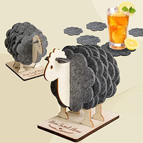 97 Decoração Gifts para mulheres - 8 PCS ovelhas sentidas montanhas -russas por bebidas absorventes com suporte, montanhas -russas de lã para mesa de café, presente de ovelha para amante de ovelhas, coas -russas de cordeiro Decoração de lã Presentes