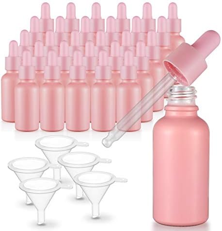 Pacote de 30 garrafas de vidro com revestimento rosa para óleos essenciais com gotas de vidro de 30 ml para óleos essenciais,