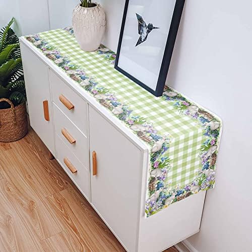 Corredores de mesa de Páscoa, Rabbit de Páscoa Flor Floral de Buffalo Verde Buffalo Plaid Table Runner Dresse Lenços, Decoração de mesa de jantar sem deslizamento para o jantar de férias de festa na fazenda, 13 x36