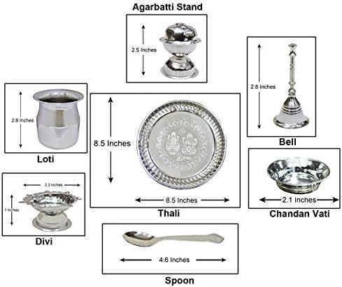 PeeGli® Indian Tradicional Pooja Thali com caixa de prata alemã artesanal Puja Thali Conjunto de 7 PCs Festival étnico