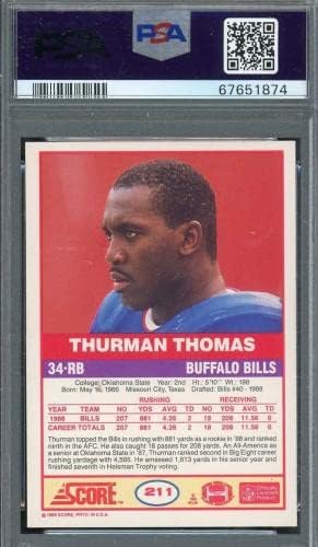 Thurman Thomas 1989 Score Football Card assinou o ROOKIE 211 Auto classificado PSA 10 - Cartões de estreia autografados de futebol