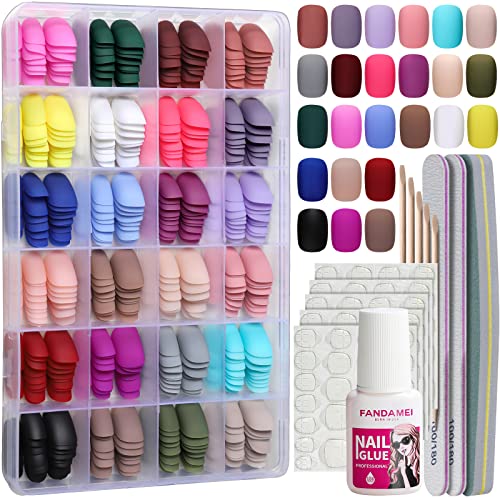 Pressione curta em unhas, fandamei 24 pacotes 576pcs Pressionem curto redondo em unhas foscas, acrílico curto pequenas unhas falsas capa, cola fosca em unhas com cola de unha de 10g, 24 cor Falsa unhas para unhas pequenas