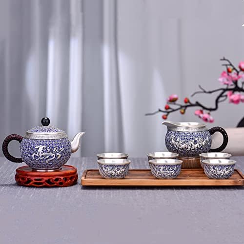 GOHQ 999 Conjunto de bule de prata esterlina, conjuntos de chá artesanais chineses para adultos, gungfutapot e xícara de chá de 6 com arremessador de creme, presente de chá para mulheres/homens