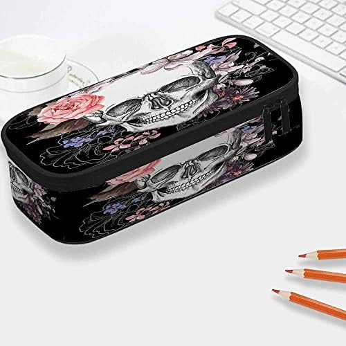 Yekiua Skull Flowers Pen Bag Dia Vintage of the Dead Grande Lápis Case Grande capacidade para adolescentes garotos