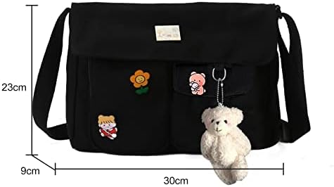 Bolsa de lona crossbody com pinos kawaii e pendente para mulheres meninas bolsa de mensagens de ombro casual para estudantes