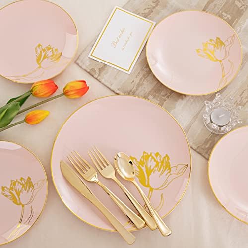 Nervure 175pcs Placas de plástico rosa - placas descartáveis ​​de ouro floral incluem 50 placas, 25forks, 25knives, 25spoons, 25