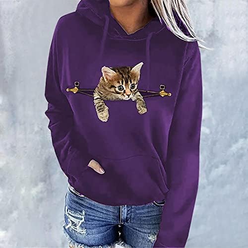 Camisa com capuz de estampa de gato 3D para mulheres fofas fof -out kitty espionando gato gráfico tee retrô casual moletom de bolso de bolso