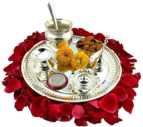 Puja thali de prata premium premium com 08 polegadas com itens alemães de moeda de prata pooja thali para diwali, casa, templo,