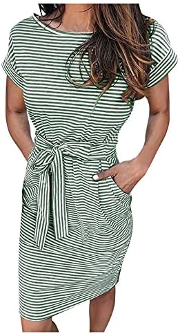 ANIYWN Feminino elegante listrado de manga curta Camiseta Vestido de verão Casual Casual Mid Slim Fit Midi Dress com bolsos