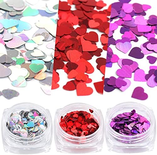 4 Caixas Valentine Coração em forma de unha Glitter lantejouno, 3D Holográfico de tamanho misto PAILLETtes Decalques de