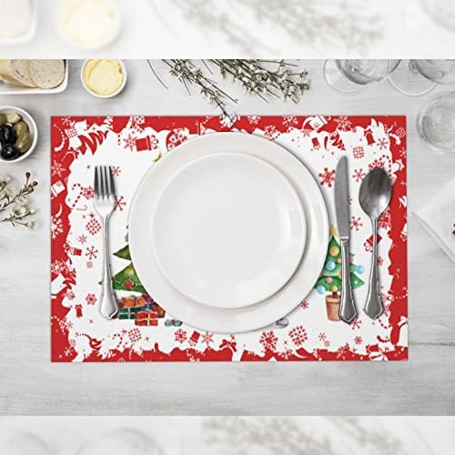 Placemats de presente de veados de árvore de Natal Conjunto de 4 para mesa de jantar PVC limpa os tapetes vermelhos e brancos de lugar lavável