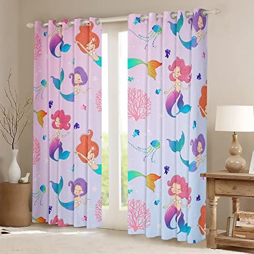 Cortinas temáticas de sereia para meninos infantis, cortinas de janela de princesa de desenhos animados femininos, cortinas de