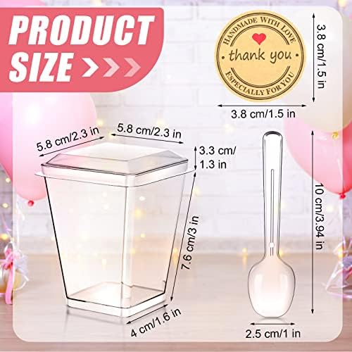 100 pacotes 5 oz de copos de sobremesa plásticos transparentes com colheres e adesivos, copos pequenos de plástico transparente que