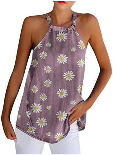 Uofoco Women Summer Halter Daisy Tanques impressos de tampas casuais camisetas mangas básicas