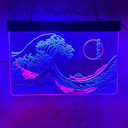 A grande onda fora do sinal de néon de Kanagawa para a decoração da parede, o retro Handmade Home Bar Man Cave Sinal de onda japonesa,
