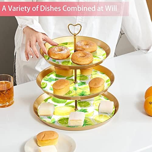 3 Placa de fruta de cupcakes de 3 camadas de sobremesa Plástico para servir suporte de exibição para casamento de aniversário Decorações de chá de chá de chá de bebê redondo, folhas de frutas de limão de aquarela