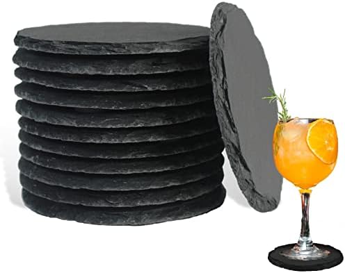 12 PCs Slate Drink Coasters, Lunkuivy Coasters de pedra preta de 4 polegadas Monta de coas-russa com fundo anti-arranhão para o apartamento da cozinha de bares, redondo