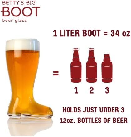 BIG BETTY - BOTA DE BETTY - Glass Beer Boot Canela para celebrações da Oktoberfest, Dia de São Patrício, Bacharelado ou Festividades de Bachelorette, possui mais de 2 cervejas - 1 litro