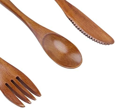 3 PCs Faca de faca de madeira conjunto de colher reutilizável Handelim reto Phoebe Kit de utensílios de jantar de