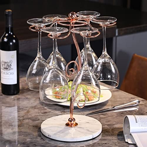 Rack de copos de vinho da bancada de mygift, moderno rack de exibição de suporte de suporte de fios de fios de metal de cobre com base de mármore branco com base de mármore