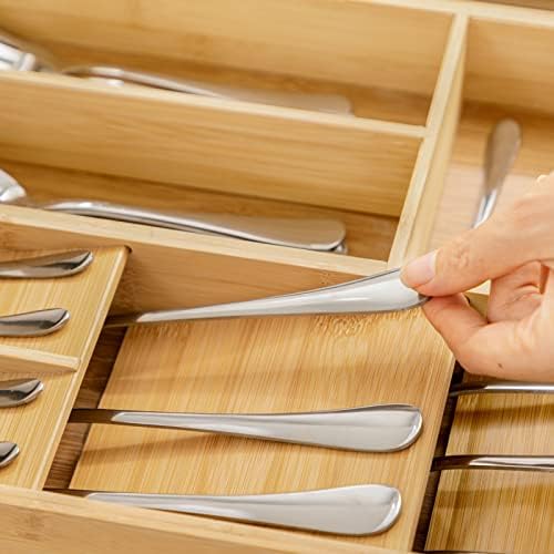 Oyydecor Bamboo Kitchen Drawer Organizer organizador de talheres com excesso de utensílios para utensílios, bandeja de talheres com 2 divisores de gavetas removíveis, ajustáveis ​​para utensílios de cozinha e organizador de talheres