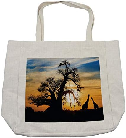 Bolsa de compras de vida selvagem de Ambesonne, pôr do sol na África Baobab Tree e silhueta de girafas no cenário exótico do céu do pôr do sol, bolsa reutilizável ecológica para a praia de mantimentos e mais, 15,5 x 14.5, creme