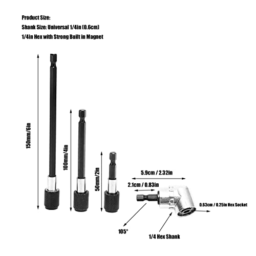 Extensão de bits de broca 4pcs, conjunto de extensões de broca magnética Conjunto de ferramentas de adaptador ajustável de 105 °