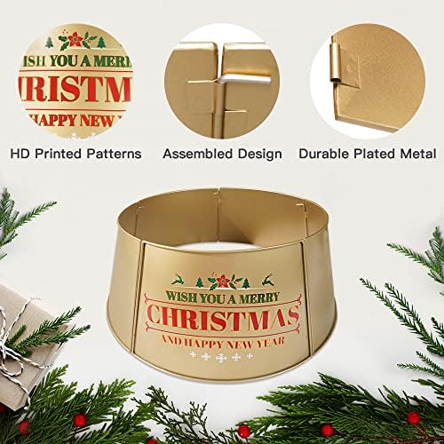 Putuo Decor 21 D Gold Christmas Tree Collar, 5 painéis saia de metal ajustável com padrão de alces de snowfakes, anéis de
