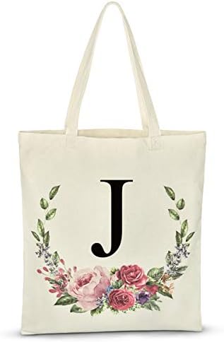 Bolsas de sacolas iniciais florais personalizadas para mulheres sacolas de tela de lona reutiliza sacolas de compras