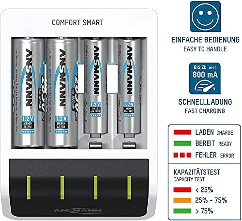 Carregador de bateria Ansmann para 1-4 Baterias AA/AAA com Tecnologia e Modo de Reparo de Carregamento e Reparação Perfeita - Comfort