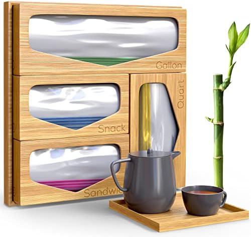 Homelie | Premium Bamboo Ziplock Bag Organizer e Bandeja Extra - 4 tamanhos Organizador de armazenamento de Bamboo Baggie Para a melhor organização de cozinha em casa, gaveta e despensa sanduíche de sacos de plástico organizadores