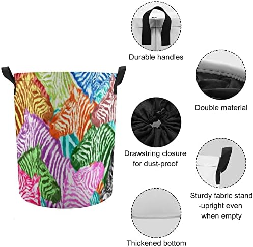 Zebra colorida, cesto de roupas grandes de roupas de lavanderia independentes, com alças macias fáceis de transportar