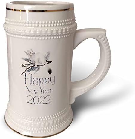 3Drose uma foteira fofa em um galho de pinheiro. Feliz Ano Novo 2022 Prata. - 22 onças de caneca