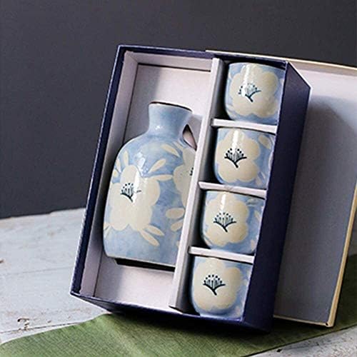 Conjunto de saquê de 5 peças japonês, cup de saquê de estilo com bandeja de bambu, design exclusivo de esmalte de floco de neve, para frio/quente/quente/shochu/chá 21223