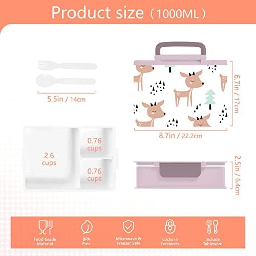 MCHiver Cute Deer Wood Bento Caixa de lancheira para adultos com alça de recipiente portátil para crianças com colher lanchone