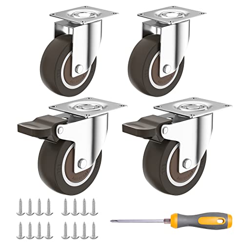 4 pedaços de rodízios de fundo plano de 2 polegadas, rodízios rotativos de 360 ​​graus com freios, proteção sem deslizamento