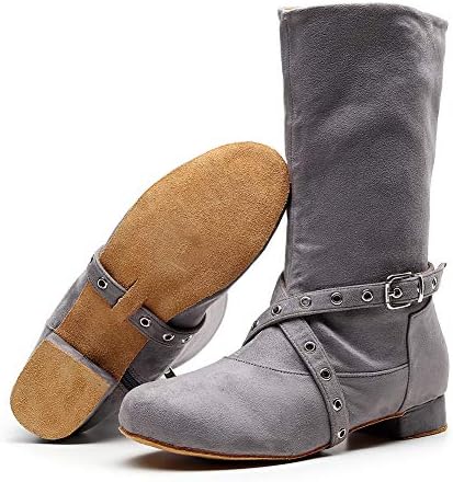 Botas de dança feminina da AOQUnfs deslizam de moda de camurça plana na bota de joelho, modelo QJW1058