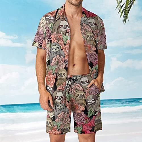 Weedkeycat Sleoths Men's Beach Roupfits 2 peças Button Hawaiian Down Camisa Manga curta e truncos