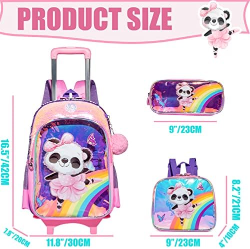 ZBAOGTW Panda Rolling Mackpack para meninas com lancheira Kids Backpack com rodas para escolar lantejoulas de lantejoulas