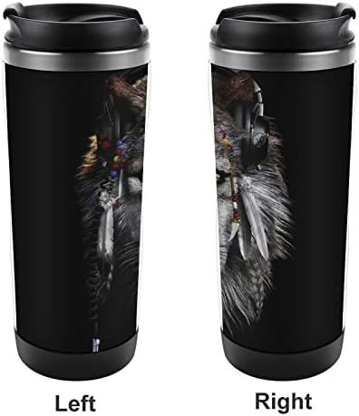 Canecas de café com lobo de lobo nativo americano com copos isolados de tampa em aço inoxidável garrafa de água de parede dupla