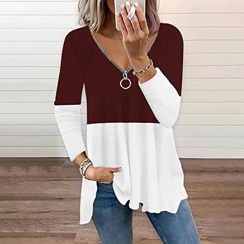 Tops femininos Túnica de manga longa casual zip up de pescoço profundo vil de ajuste solto swittle plissout bloqueio colorblock blusa de camiseta