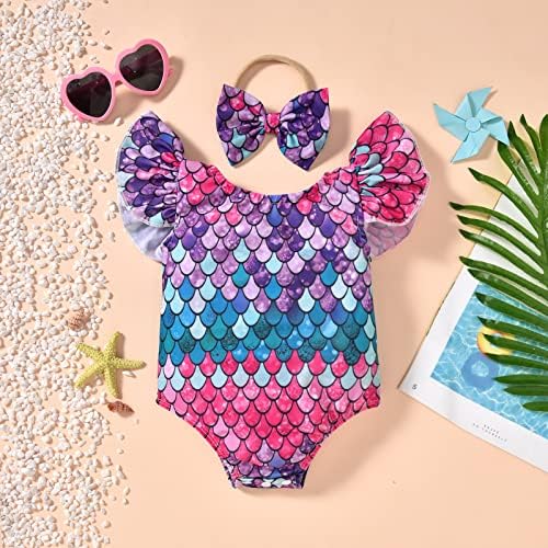 Minifeiko Toddler Baby Girl Swimsuit Girls One Piece Ruffle Bathing Suit com faixa da cabeça