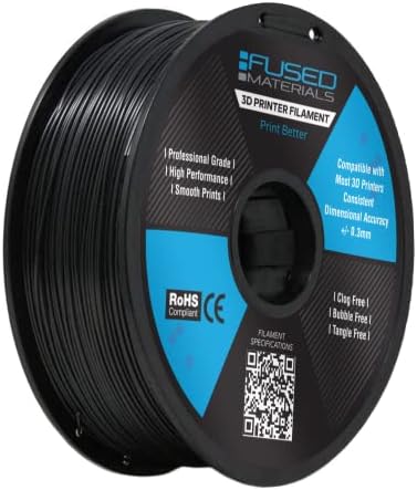 MATERIAIS FUSUSOS Black ASA 3D Filamento de impressora - Spool de 1 kg, 1,75 mm, precisão dimensional +/- 0,03 mm,