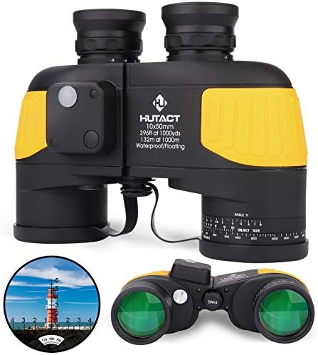 Hutact 10x50 Binóculos marinhos para adultos, binóculos de navegação com rangefinder e bússola, binóculos à prova d'água para passeios de barco à viagem aquáticos aquáticos