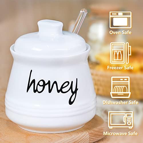 Pote de mel de porcelana Swetwiny com tampa e vidro de mel, dispensador de mel de cerâmica de 12 onças com dipper para cozinha em casa