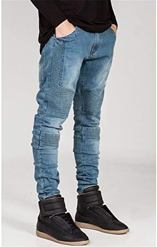 Andongnywell Men Motorcycle Pleated Destroyed Micoter reto jeans rasgado comprido com zíper Deco