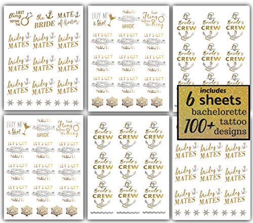 Bachelorettesy Bride para ser Gold Metallic Náutico Tattoos 100+ Crew da noiva, Nauti Bride, Last Fling Great for Engagement & Bachelorette Party - impermeável não tóxico