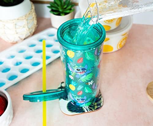Disney Lilo & Stitch Tropical Summer Allover Print Icons de 20 onças Copo com palha reutilizável e tampa à prova de vazamentos | Copo frio de plástico para bebida de chá de leite Boba